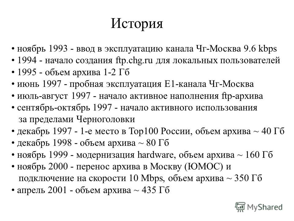 История ноябрь 1993 - ввод в эксплуатацию канала Чг-Москва 9.6 kbps 1994 - начало создания ftp.chg.ru для локальных пользователей 1995 - объем архива 1-2 Гб июнь 1997 - пробная эксплуатация Е1-канала Чг-Москва июль-август 1997 - начало активное напол