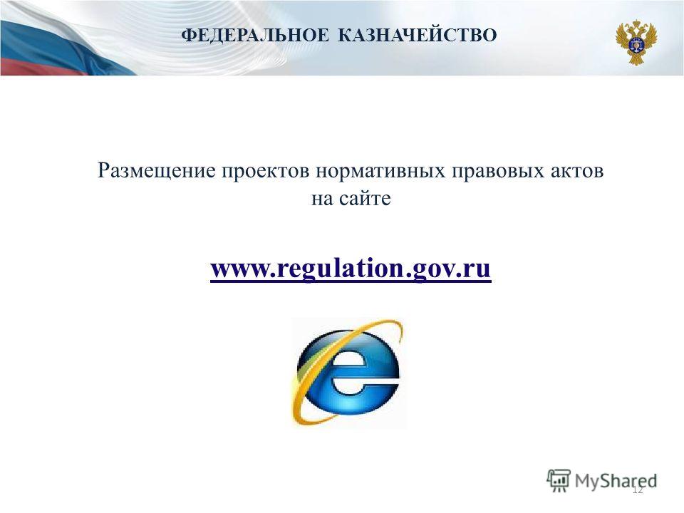 12 Размещение проектов нормативных правовых актов на сайте www.regulation.gov.ru ФЕДЕРАЛЬНОЕ КАЗНАЧЕЙСТВО