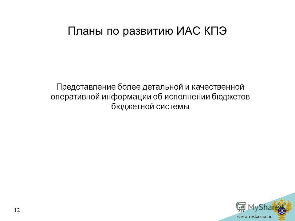 www.roskazna.ru Планы по развитию ИАС КПЭ 12 Представление более детальной и качественной оперативной информации об исполнении бюджетов бюджетной системы