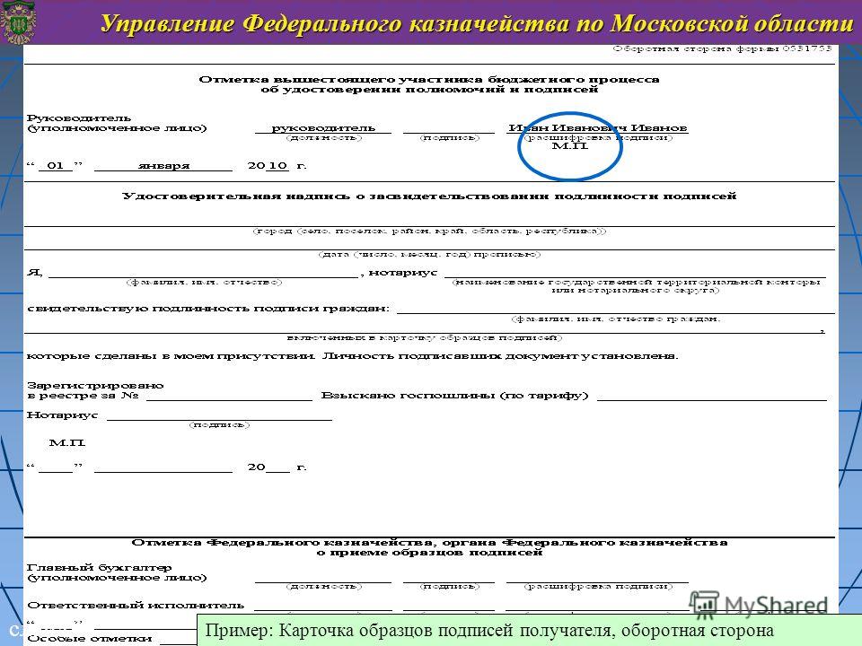 Управление Федерального казначейства по Московской области слайд 14 Пример: Карточка образцов подписей получателя, оборотная сторона