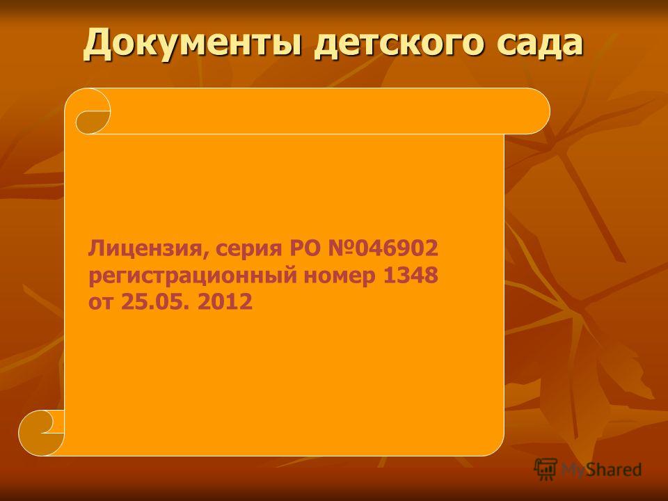 Документы детского сада Лицензия, серия РО 046902 регистрационный номер 1348 от 25.05. 2012