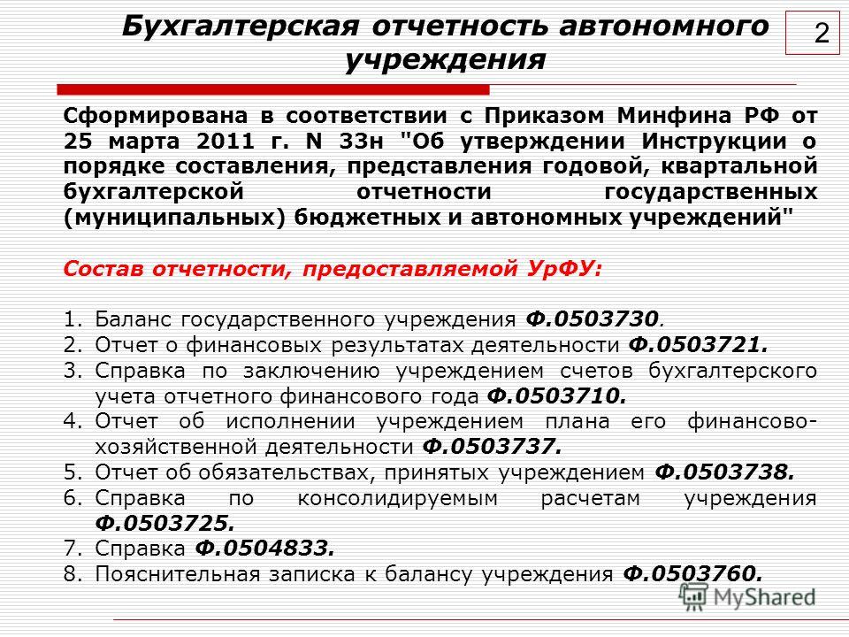 2 Бухгалтерская отчетность автономного учреждения Сформирована в соответствии с Приказом Минфина РФ от 25 марта 2011 г. N 33н 