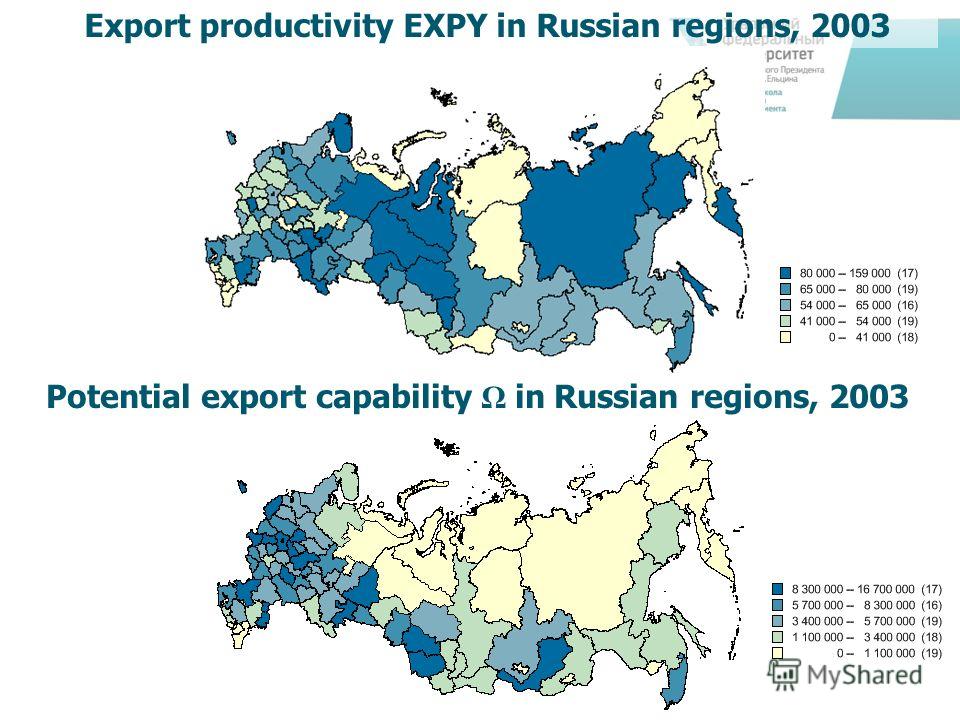 Export productivity EXPY in Russian regions, 2003 Potential export capability Ω in Russian regions, 2003