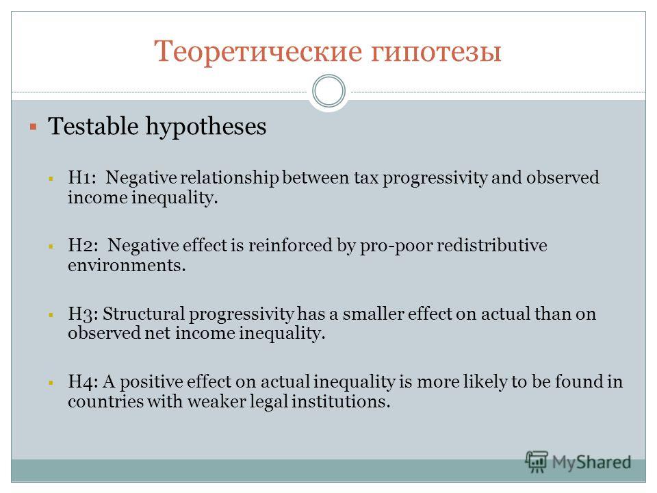 Теоретические гипотезы Testable hypotheses H1: Negative relationship between tax progressivity and observed income inequality. H2: Negative effect is reinforced by pro-poor redistributive environments. H3: Structural progressivity has a smaller effec