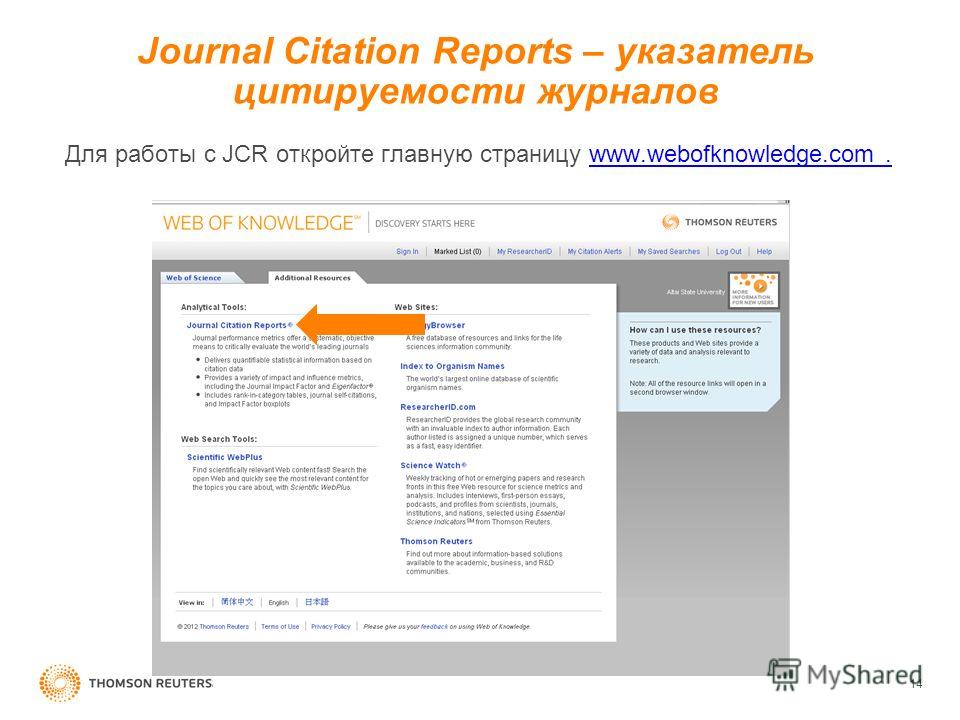 Journal Citation Reports – указатель цитируемости журналов Для работы с JCR откройте главную страницу www.webofknowledge.com. 14
