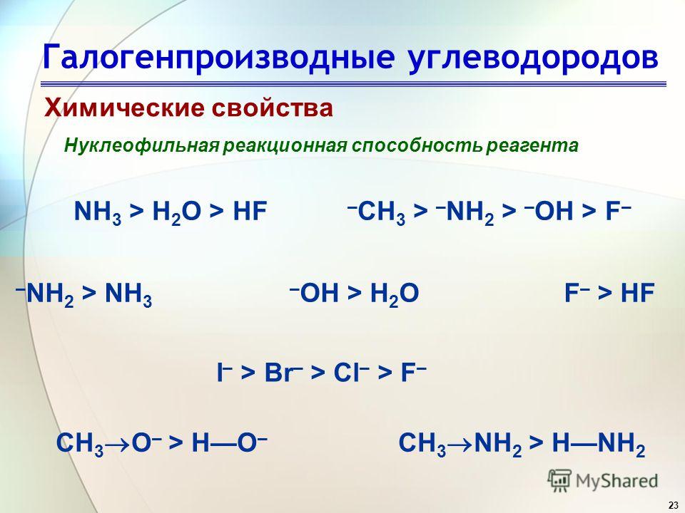 23 Галогенпроизводные углеводородов Химические свойства Нуклеофильная реакционная способность реагента NH 3 > H 2 O > HF – CH 3 > – NH 2 > – OH > F – – NH 2 > NH 3 – OH > H 2 O F – > HF I – > Br – > Cl – > F – CH 3 O – > HO – CH 3 NH 2 > HNH 2
