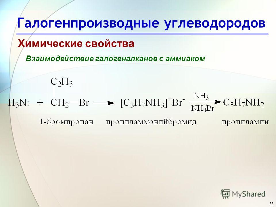 33 Галогенпроизводные углеводородов Химические свойства Взаимодействие галогеналканов с аммиаком