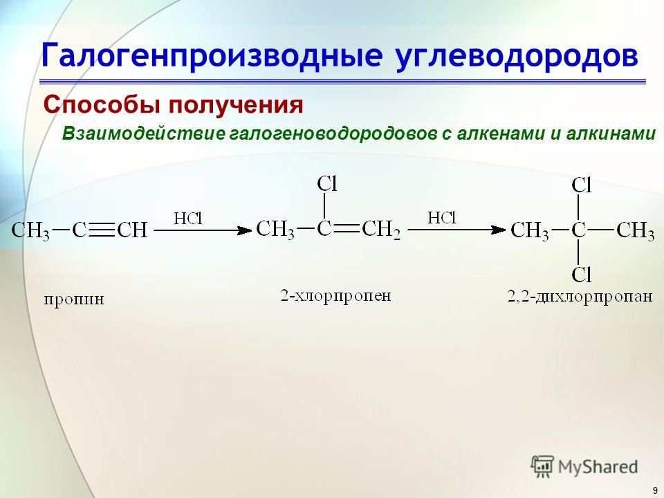 9 Галогенпроизводные углеводородов Способы получения Взаимодействие галогеноводородовов с алкенами и алкинами