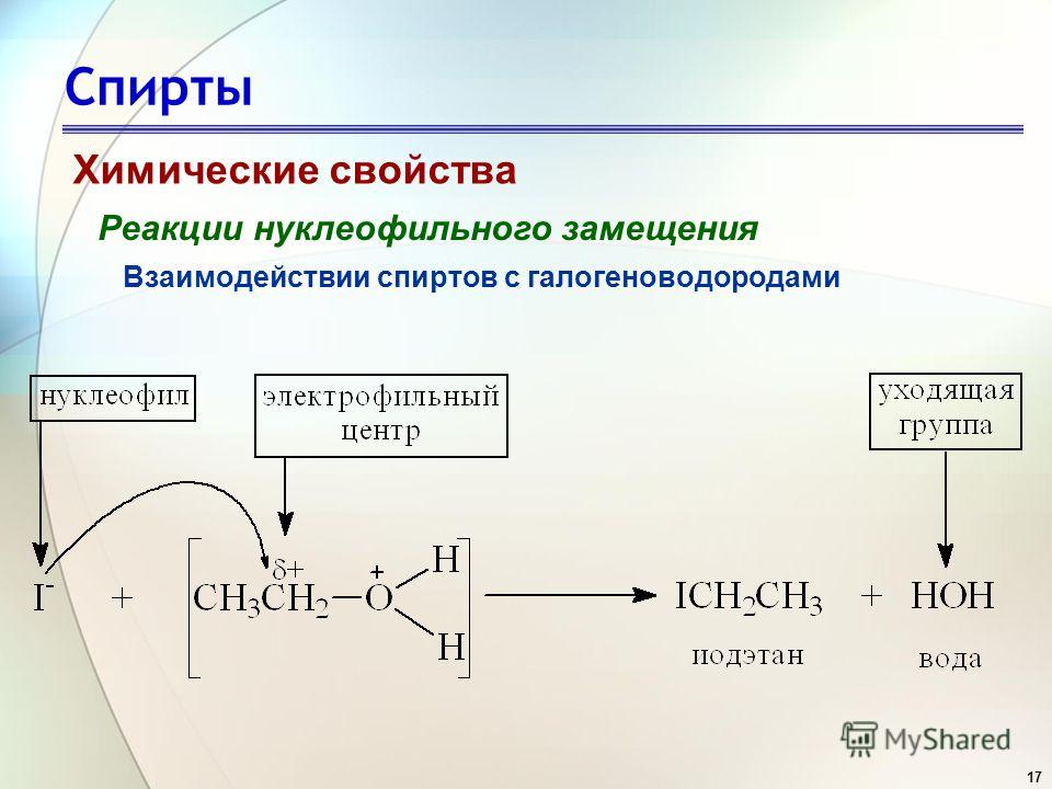 17 Спирты Химические свойства Реакции нуклеофильного замещения Взаимодействии спиртов с галогеноводородами