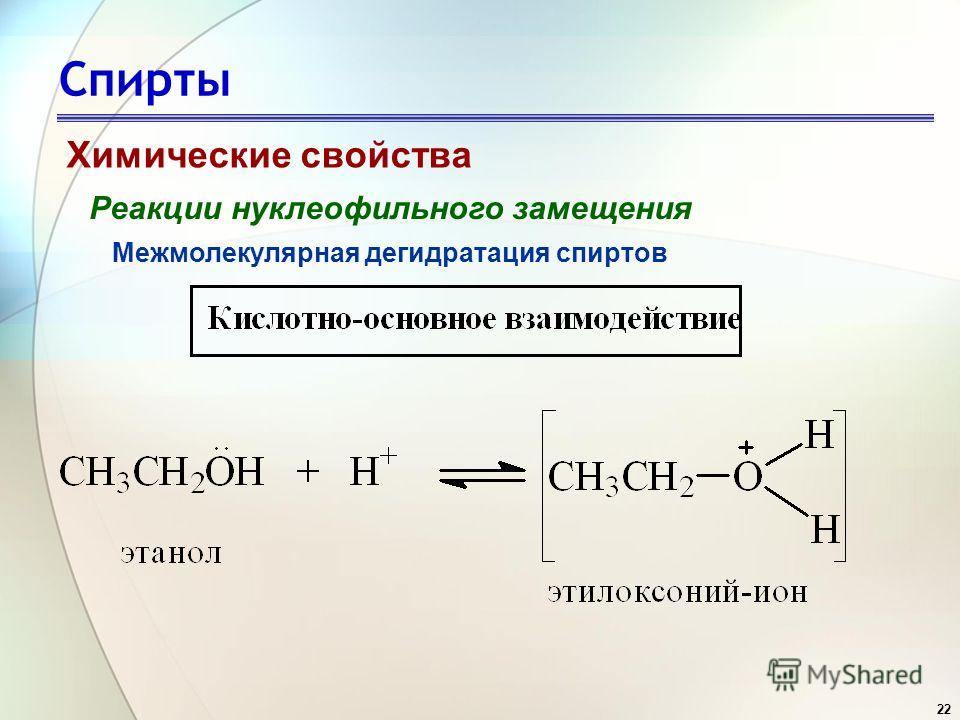 22 Спирты Химические свойства Реакции нуклеофильного замещения Межмолекулярная дегидратация спиртов
