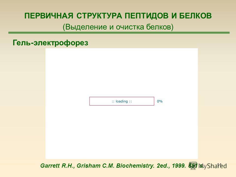 11 ПЕРВИЧНАЯ СТРУКТУРА ПЕПТИДОВ И БЕЛКОВ (Выделение и очистка белков) Гель-электрофорез Garrett R.H., Grisham C.M. Biochemistry. 2ed., 1999. 851 s.