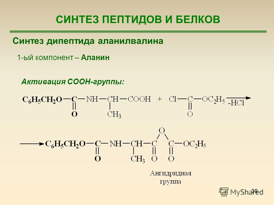 39 СИНТЕЗ ПЕПТИДОВ И БЕЛКОВ Синтез дипептида аланилвалина 1-ый компонент – Аланин Активация COOH-группы: