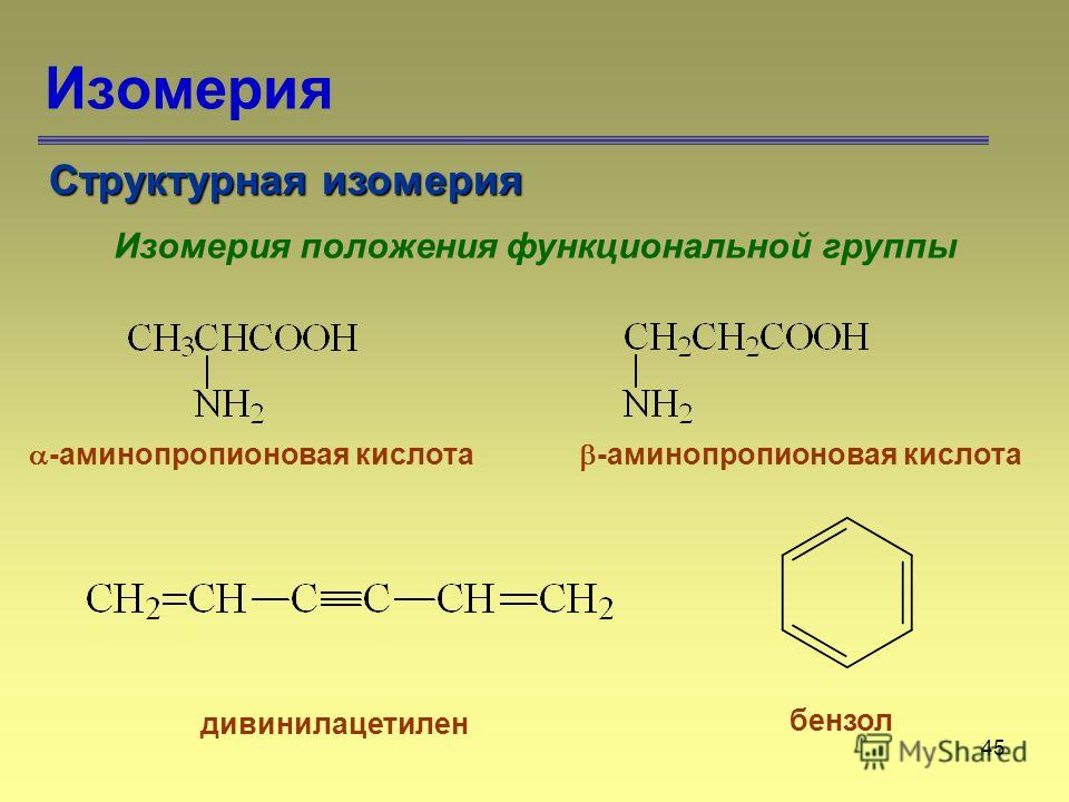 45 Изомерия Структурная изомерия Изомерия положения функциональной группы дивинилацетилен бензол -аминопропионовая кислота