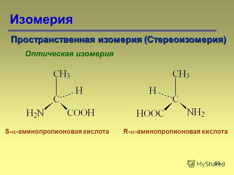 50 Изомерия Пространственная изомерия (Стереоизомерия) Оптическая изомерия S- -аминопропионовая кислотаR- -аминопропионовая кислота