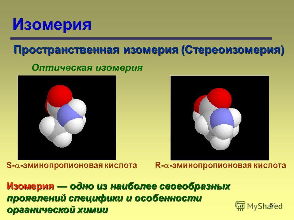 51 Изомерия Пространственная изомерия (Стереоизомерия) Оптическая изомерия S- -аминопропионовая кислотаR- -аминопропионовая кислота Изомерия одно из наиболее своеобразных проявлений специфики и особенности органической химии