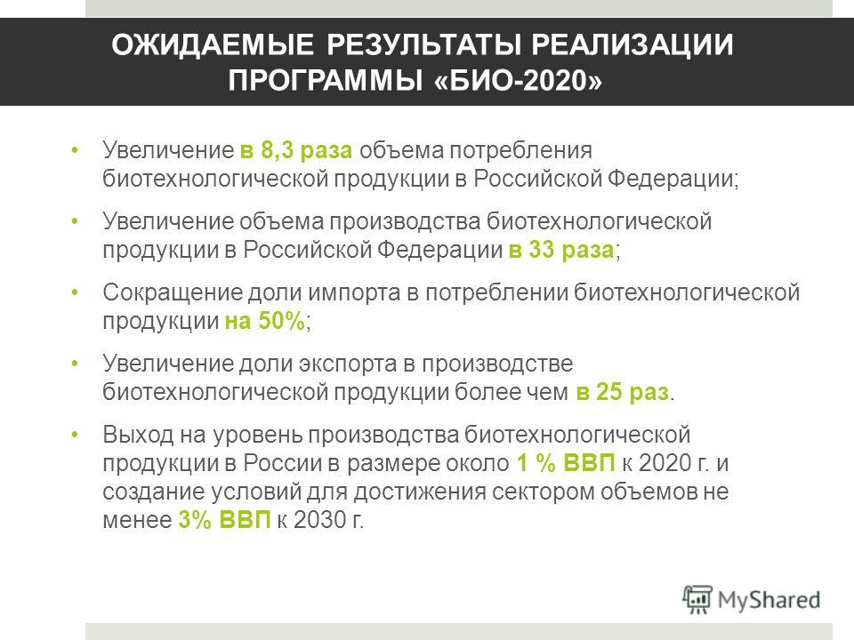 ОЖИДАЕМЫЕ РЕЗУЛЬТАТЫ РЕАЛИЗАЦИИ ПРОГРАММЫ «БИО-2020» Увеличение в 8,3 раза объема потребления биотехнологической продукции в Российской Федерации; Увеличение объема производства биотехнологической продукции в Российской Федерации в 33 раза; Сокращени