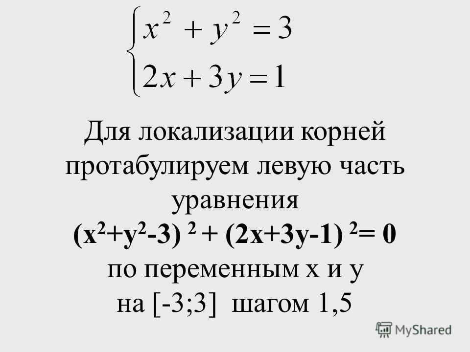 Для локализации корней протабулируем левую часть уравнения (х 2 +у 2 -3) 2 + (2х+3у-1) 2 = 0 по переменным х и у на [-3;3] шагом 1,5