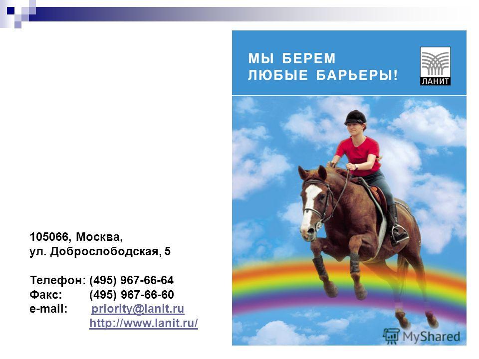 105066, Москва, ул. Доброслободская, 5 Телефон: (495) 967-66-64 Факс: (495) 967-66-60 e-mail: priority@lanit.rupriority@lanit.ru http://www.lanit.ru/http://www.lanit.ru/