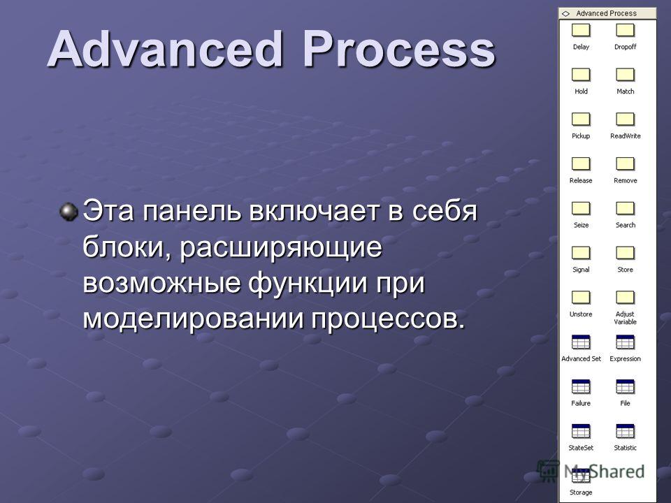 Advanced Process Эта панель включает в себя блоки, расширяющие возможные функции при моделировании процессов.