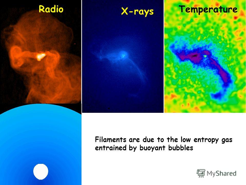 Radio X-rays Temperature Filaments are due to the low entropy gas entrained by buoyant bubbles