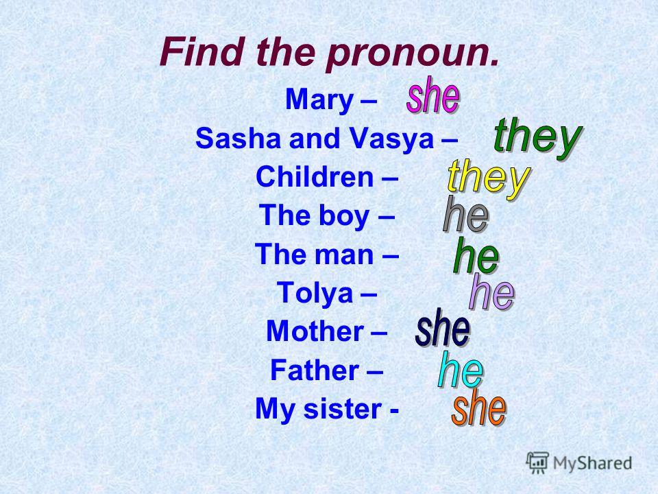 Find the pronoun. Mary – Sasha and Vasya – Children – The boy – The man – Tolya – Mother – Father – My sister -