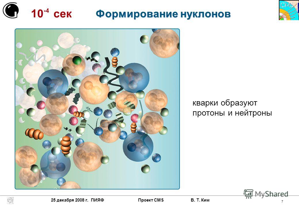 25 декабря 2008 г. ПИЯФ Проект CMS В. Т. Ким 7 10 -4 сек кварки образуют протоны и нейтроны Формирование нуклонов