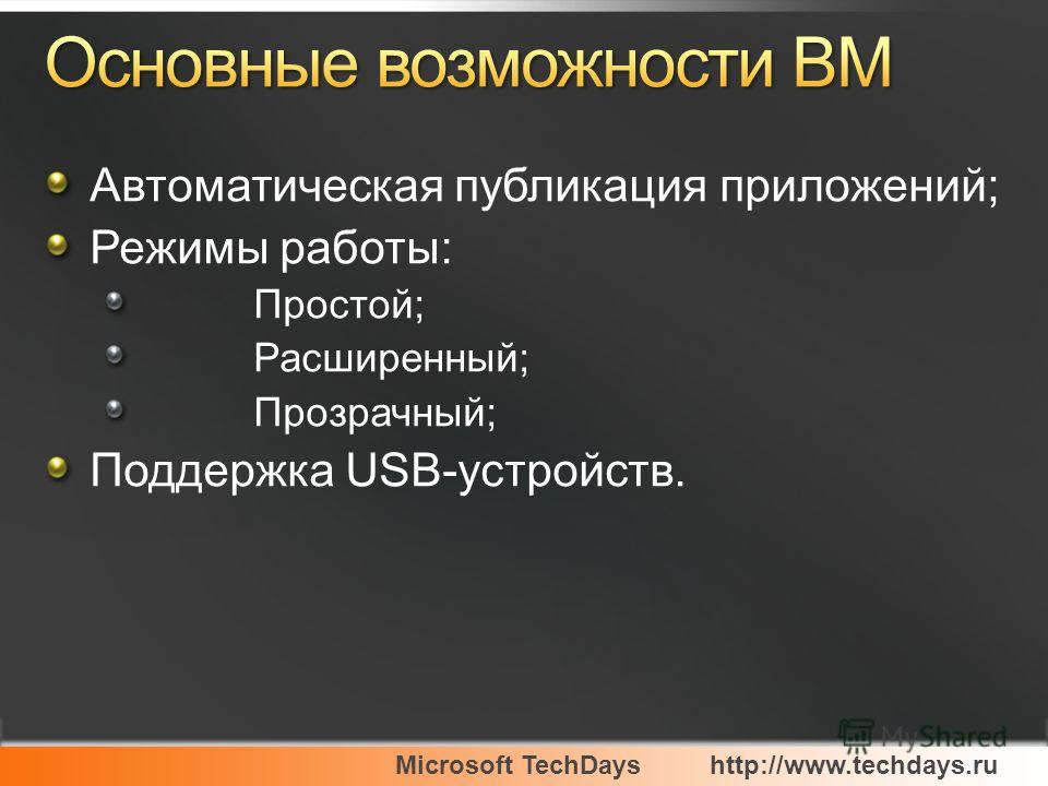 Microsoft TechDayshttp://www.techdays.ru Автоматическая публикация приложений; Режимы работы: Простой; Расширенный; Прозрачный; Поддержка USB-устройств.
