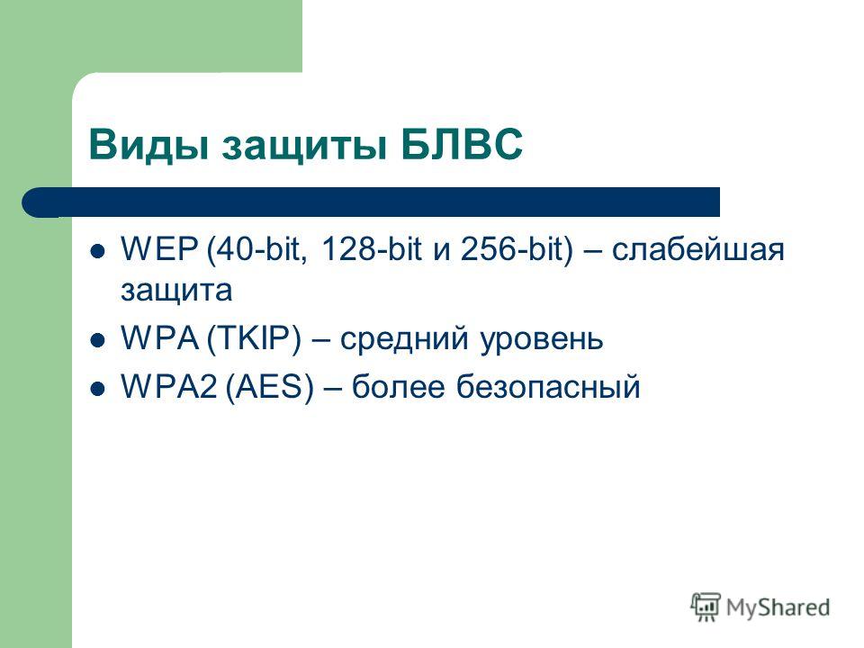 Виды защиты БЛВС WEP (40-bit, 128-bit и 256-bit) – слабейшая защита WPA (TKIP) – средний уровень WPA2 (AES) – более безопасный