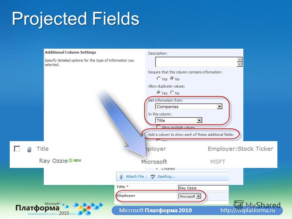 http://msplatforma.ruMicrosoft Платформа 2010 Projected Fields