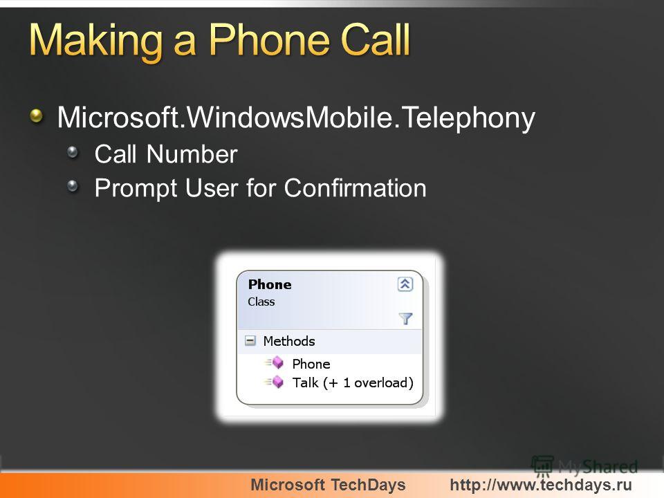 Microsoft TechDayshttp://www.techdays.ru Microsoft.WindowsMobile.Telephony Call Number Prompt User for Confirmation