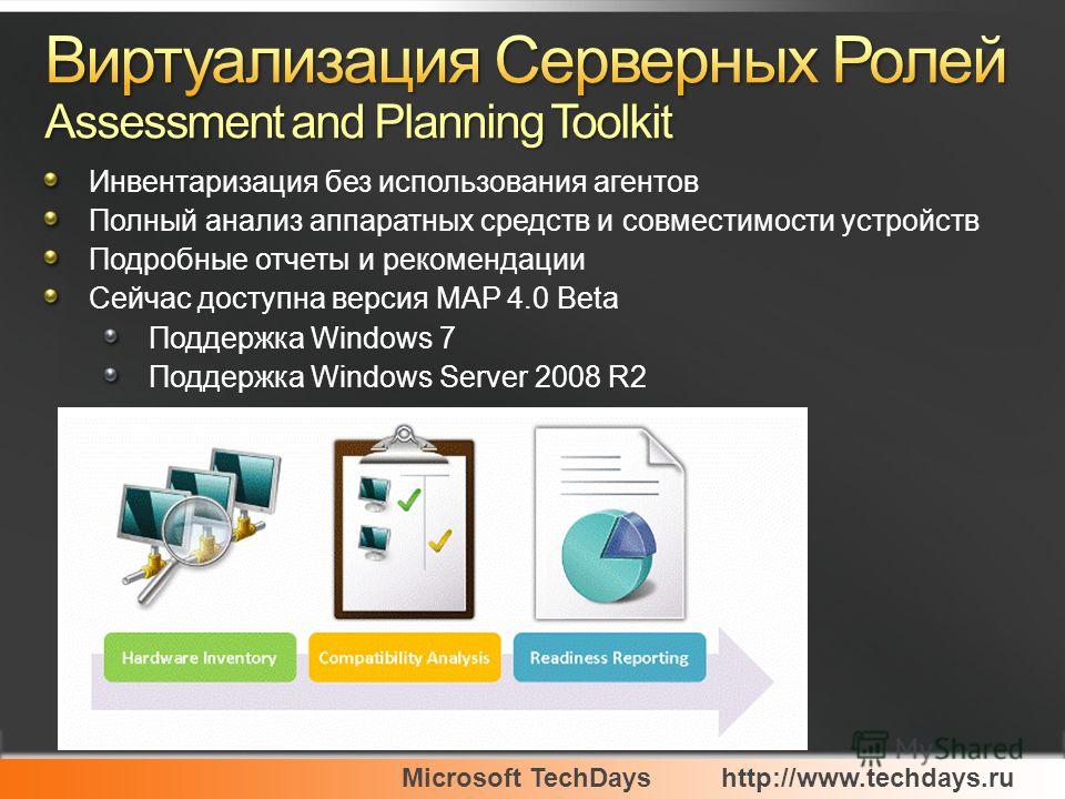 Microsoft TechDayshttp://www.techdays.ru Инвентаризация без использования агентов Полный анализ аппаратных средств и совместимости устройств Подробные отчеты и рекомендации Сейчас доступна версия MAP 4.0 Beta Поддержка Windows 7 Поддержка Windows Ser