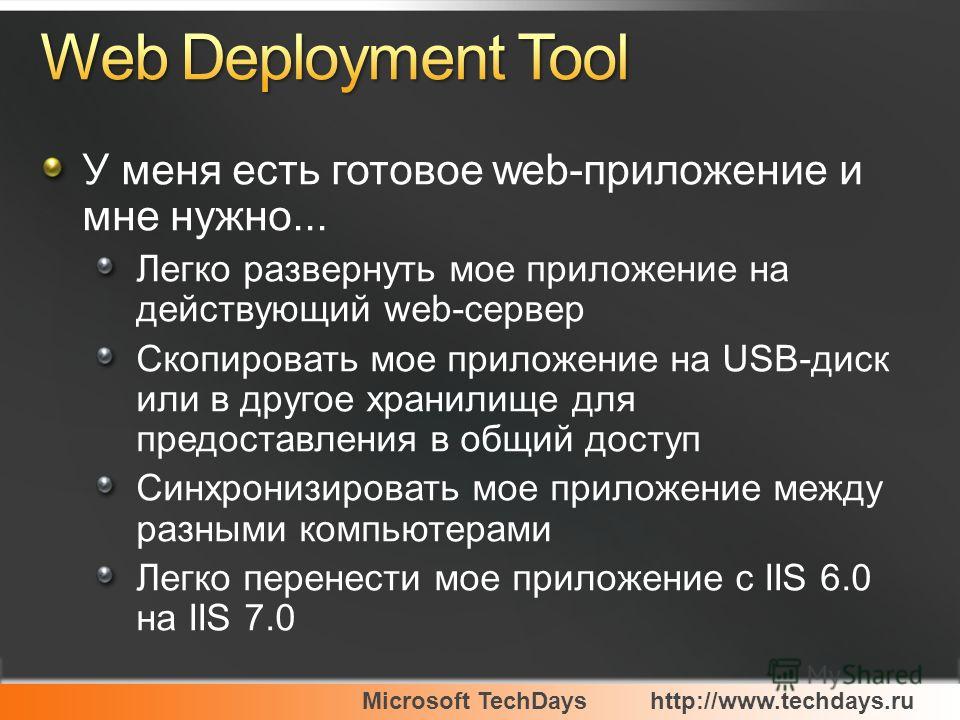 Microsoft TechDayshttp://www.techdays.ru У меня есть готовое web-приложение и мне нужно... Легко развернуть мое приложение на действующий web-сервер Скопировать мое приложение на USB-диск или в другое хранилище для предоставления в общий доступ Синхр