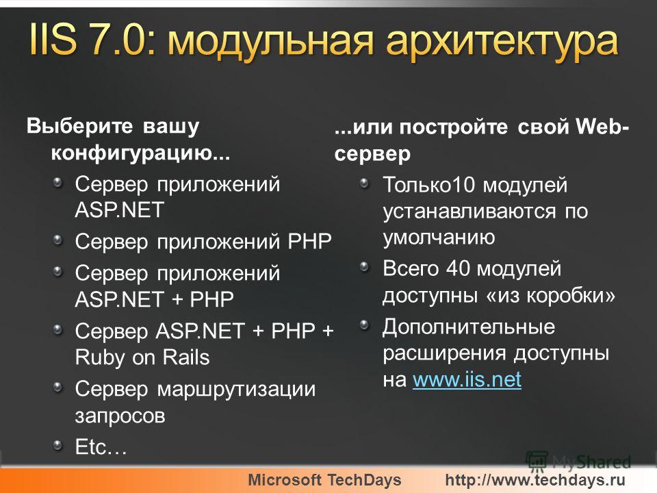 Microsoft TechDayshttp://www.techdays.ru Выберите вашу конфигурацию... Сервер приложений ASP.NET Сервер приложений PHP Сервер приложений ASP.NET + PHP Сервер ASP.NET + PHP + Ruby on Rails Сервер маршрутизации запросов Etc…...или постройте свой Web- с