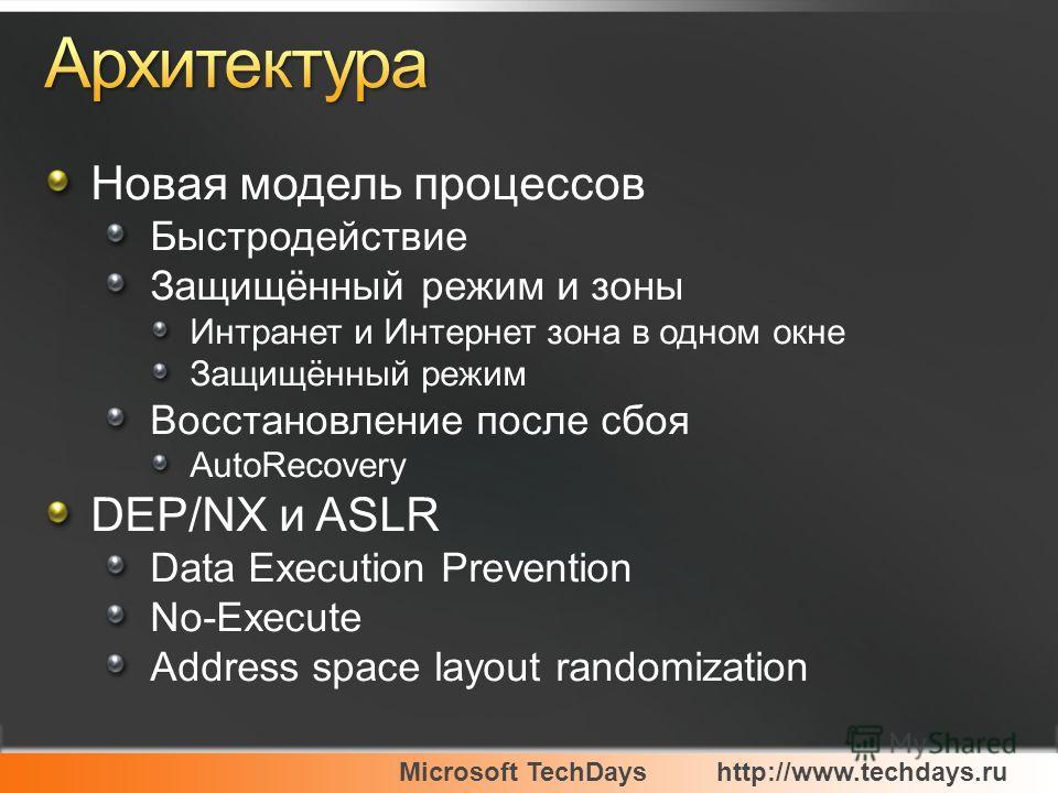 Microsoft TechDayshttp://www.techdays.ru Новая модель процессов Быстродействие Защищённый режим и зоны Интранет и Интернет зона в одном окне Защищённый режим Восстановление после сбоя AutoRecovery DEP/NX и ASLR Data Execution Prevention No-Execute Ad