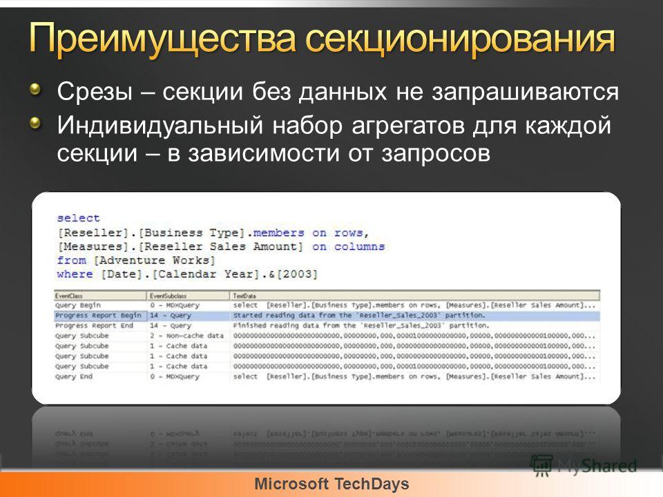 Microsoft TechDays Срезы – секции без данных не запрашиваются Индивидуальный набор агрегатов для каждой секции – в зависимости от запросов