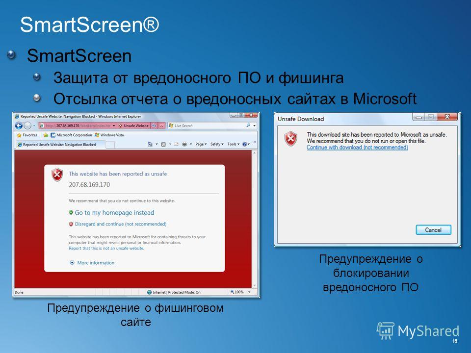 SmartScreen® SmartScreen Защита от вредоносного ПО и фишинга Отсылка отчета о вредоносных сайтах в Microsoft Предупреждение о фишинговом сайте Предупреждение о блокировании вредоносного ПО 15