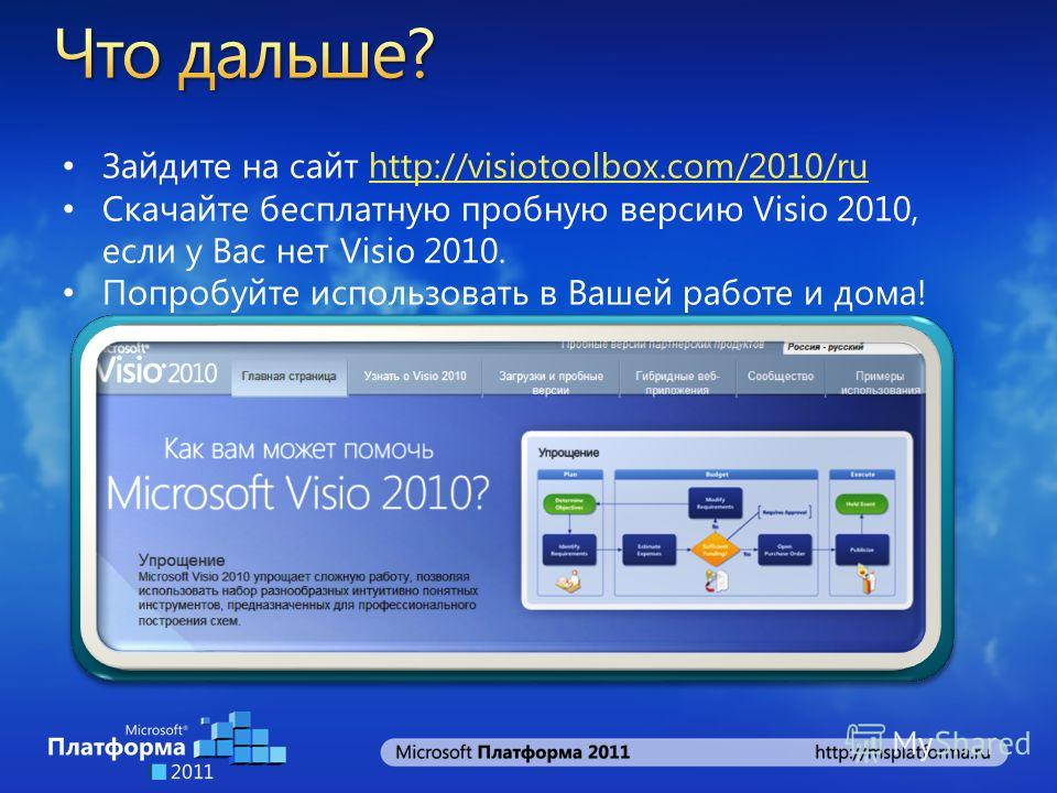 Зайдите на сайт http://visiotoolbox.com/2010/ruhttp://visiotoolbox.com/2010/ru Скачайте бесплатную пробную версию Visio 2010, если у Вас нет Visio 2010. Попробуйте использовать в Вашей работе и дома!