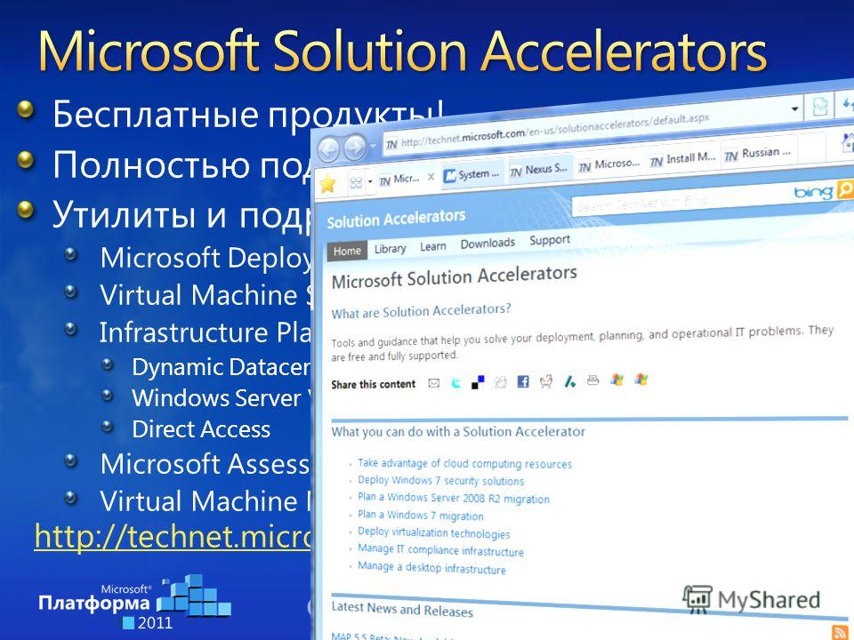 http:// technet.microsoft.com/ru-ru/solutionaccelerators Бесплатные продукты! Полностью поддерживаемые решения Утилиты и подробные руководства Microsoft Deployment Toolkit Virtual Machine Servicing Tool 3.0 Infrastructure Planning and Design Dynamic 