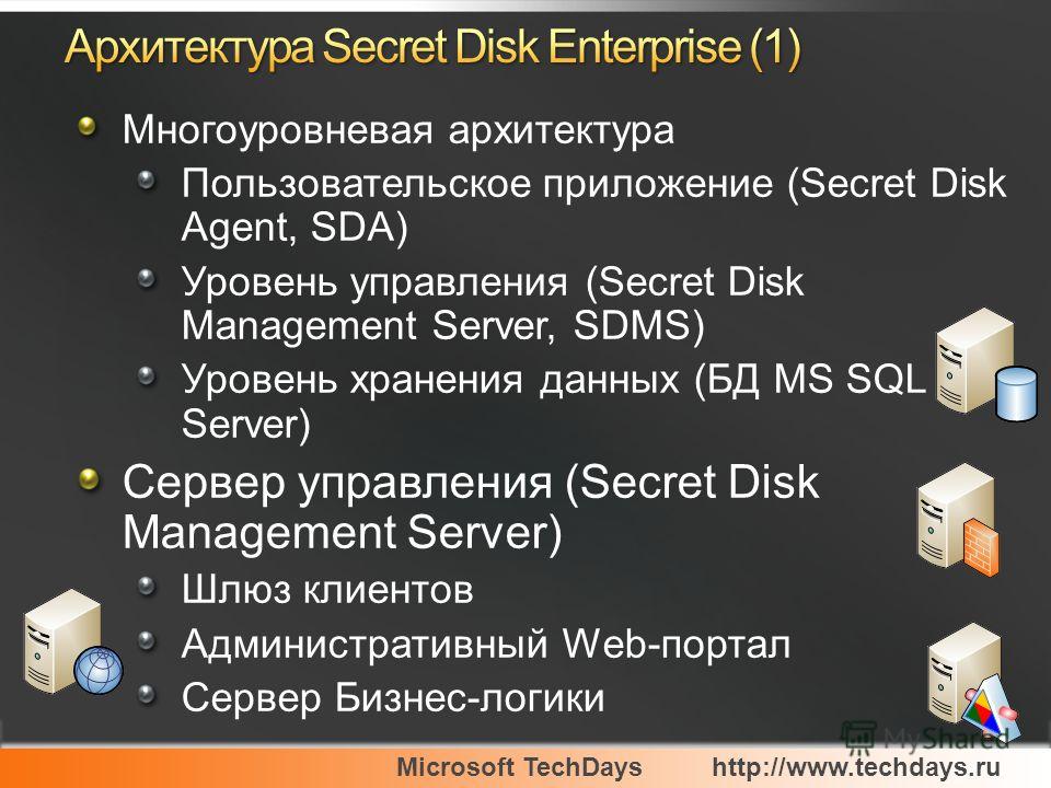 Microsoft TechDayshttp://www.techdays.ru Многоуровневая архитектура Пользовательское приложение (Secret Disk Agent, SDA) Уровень управления (Secret Disk Management Server, SDMS) Уровень хранения данных (БД MS SQL Server) Сервер управления (Secret Dis