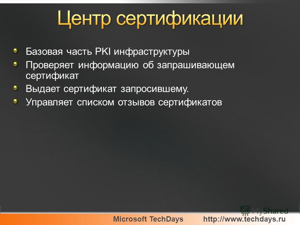 Microsoft TechDayshttp://www.techdays.ru Базовая часть PKI инфраструктуры Проверяет информацию об запрашивающем сертификат Выдает сертификат запросившему. Управляет списком отзывов сертификатов