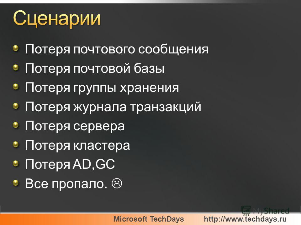 Microsoft TechDayshttp://www.techdays.ru Потеря почтового сообщения Потеря почтовой базы Потеря группы хранения Потеря журнала транзакций Потеря сервера Потеря кластера Потеря AD,GC Все пропало.