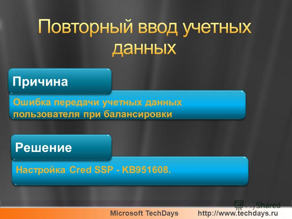 Microsoft TechDayshttp://www.techdays.ru Ошибка передачи учетных данных пользователя при балансировки Причина Настройка Cred SSP - KB951608. Решение