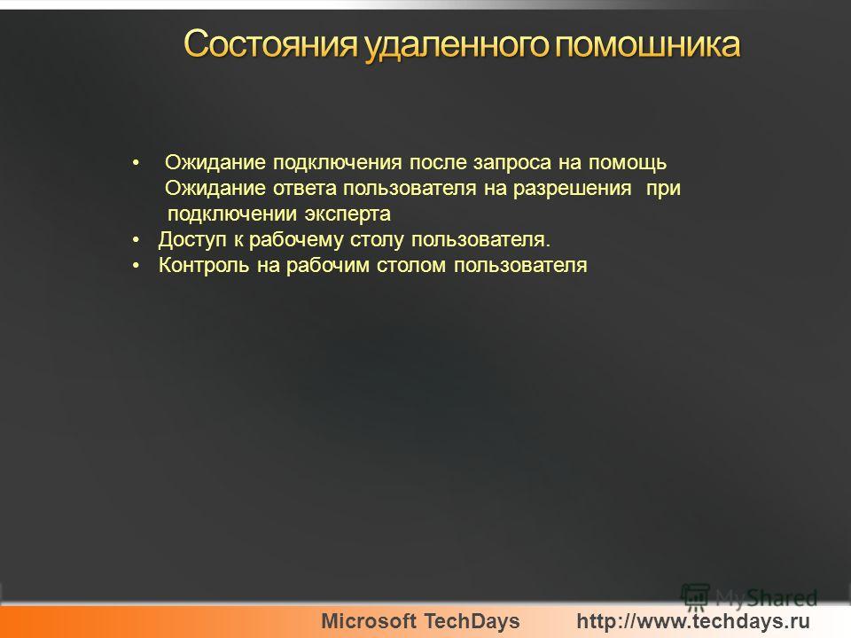 Microsoft TechDayshttp://www.techdays.ru Ожидание подключения после запроса на помощь Ожидание ответа пользователя на разрешения при подключении эксперта Доступ к рабочему столу пользователя. Контроль на рабочим столом пользователя