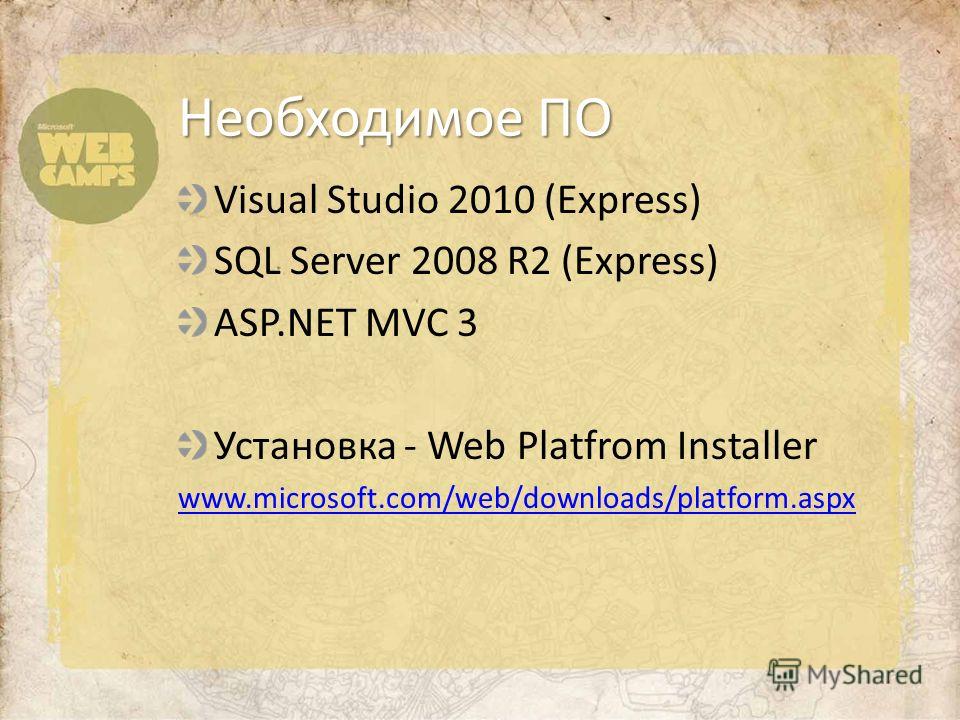 Visual Studio 2010 (Express) SQL Server 2008 R2 (Express) ASP.NET MVC 3 Установка - Web Platfrom Installer www.microsoft.com/web/downloads/platform.aspx Необходимое ПО