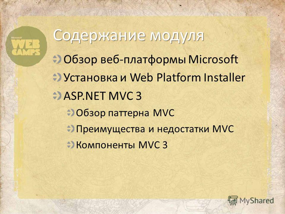 Обзор веб-платформы Microsoft Установка и Web Platform Installer ASP.NET MVC 3 Обзор паттерна MVC Преимущества и недостатки MVC Компоненты MVC 3 Содержание модуля