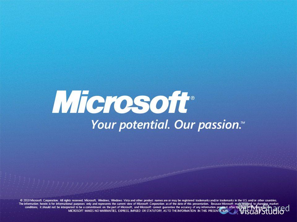 © 2010 Microsoft Corporation. All rights reserved. Microsoft, Windows, Windows Vista and other product names are or may be registered trademarks and/or trademarks in the U.S. and/or other countries. The information herein is for informational purpose