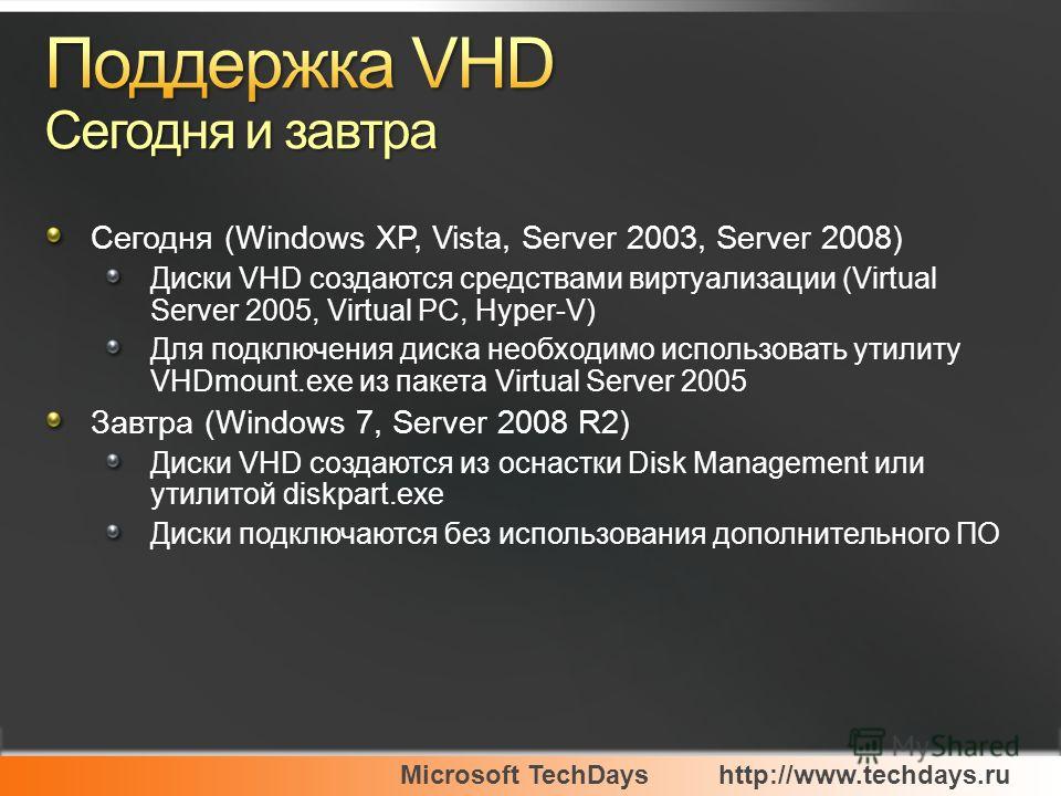 Microsoft TechDayshttp://www.techdays.ru Сегодня (Windows XP, Vista, Server 2003, Server 2008) Диски VHD создаются средствами виртуализации (Virtual Server 2005, Virtual PC, Hyper-V) Для подключения диска необходимо использовать утилиту VHDmount.exe 