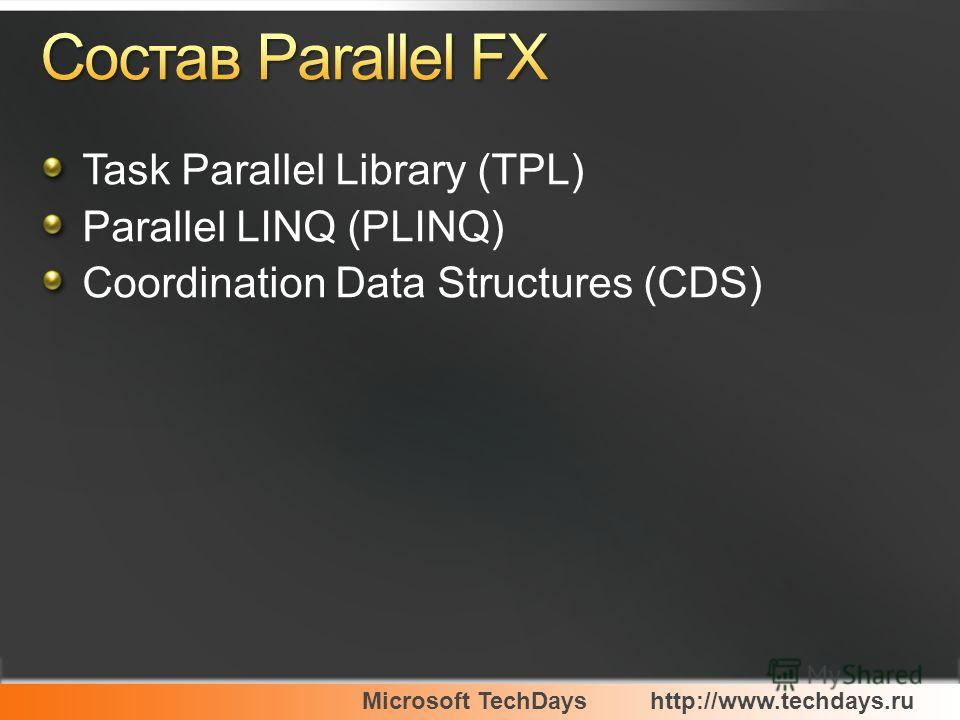 Microsoft TechDayshttp://www.techdays.ru Task Parallel Library (TPL) Parallel LINQ (PLINQ) Coordination Data Structures (CDS)