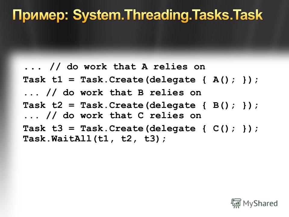 ... // do work that A relies on Task t1 = Task.Create(delegate { A(); });... // do work that B relies on Task t2 = Task.Create(delegate { B(); });... // do work that C relies on Task t3 = Task.Create(delegate { C(); }); Task.WaitAll(t1, t2, t3);