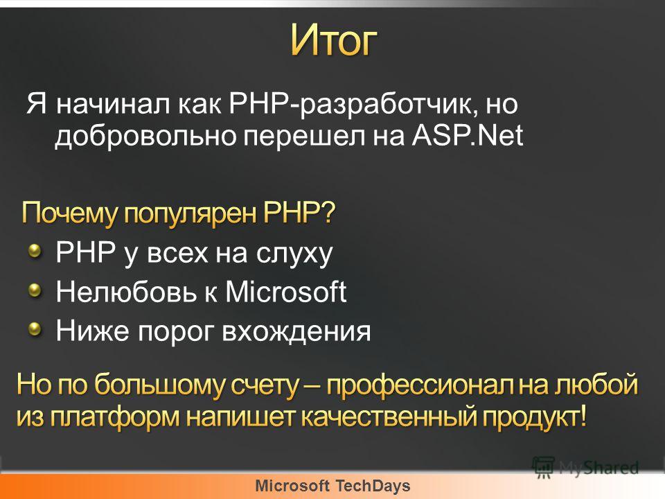 Microsoft TechDays Я начинал как PHP-разработчик, но добровольно перешел на ASP.Net PHP у всех на слуху Нелюбовь к Microsoft Ниже порог вхождения